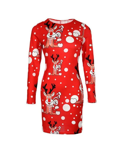 Christmas Cartoon Elk Print Flocked Long Sleeve Dress