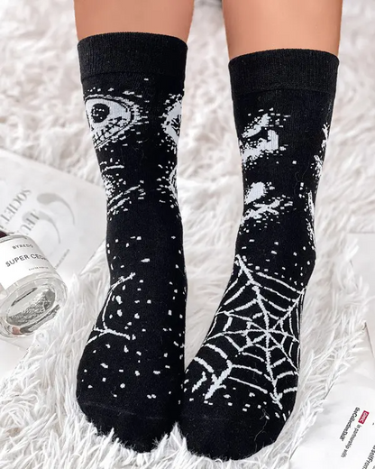 1Pair Halloween Funny Skull Head Spider Web Print Socks