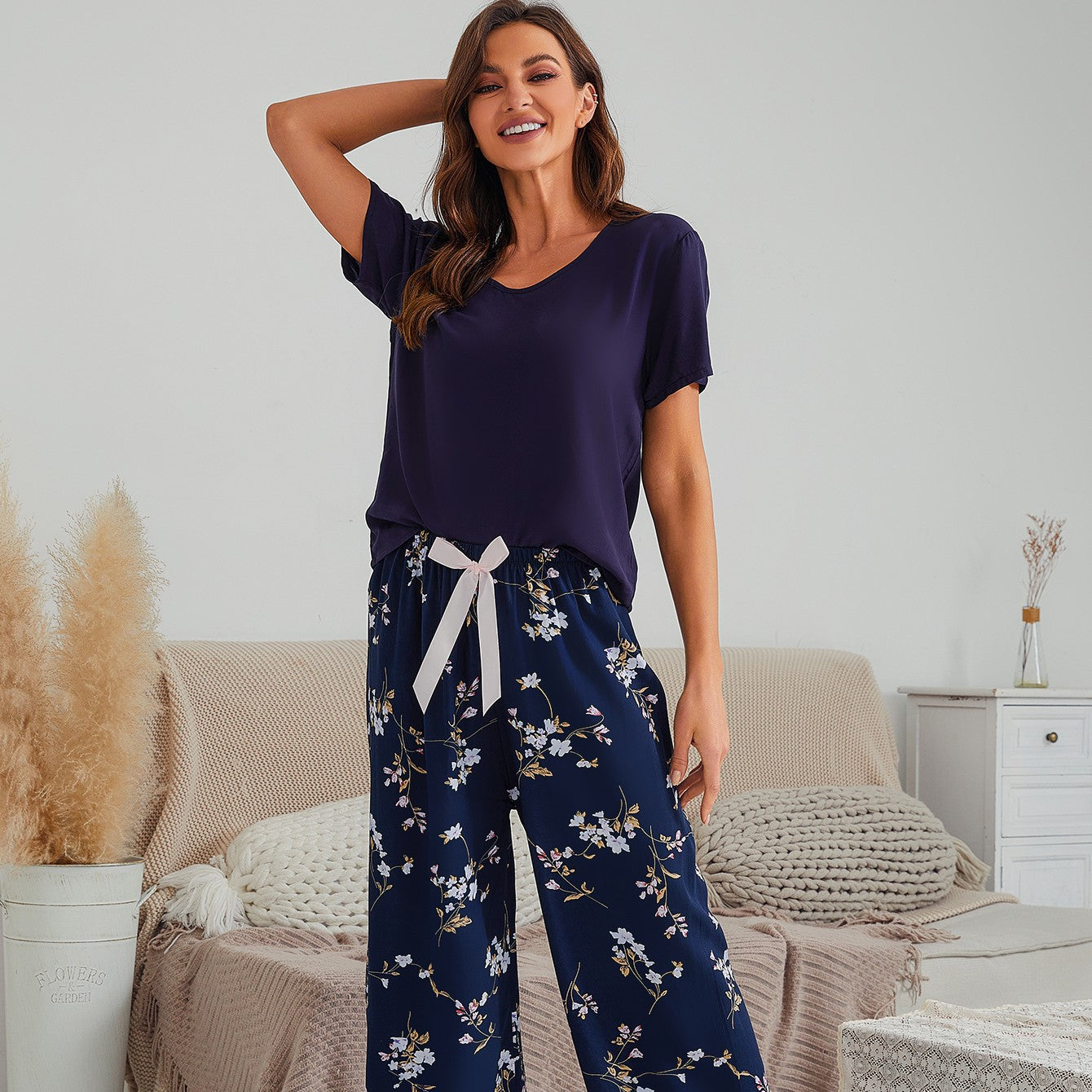 Cotton Silk Casual Pajamas Set Home Wear - Dark Blue Top + Tibetan Flower Print Trousers