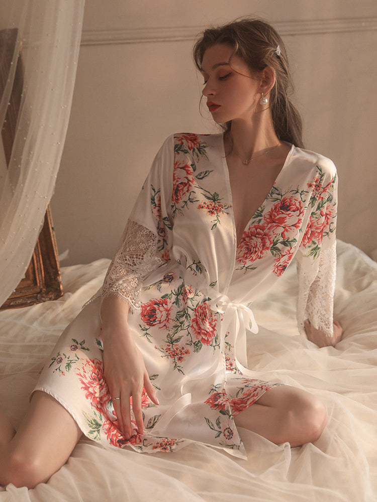 V-Neck 3/4 Sleeves Flowers Printing One-Piece Robe