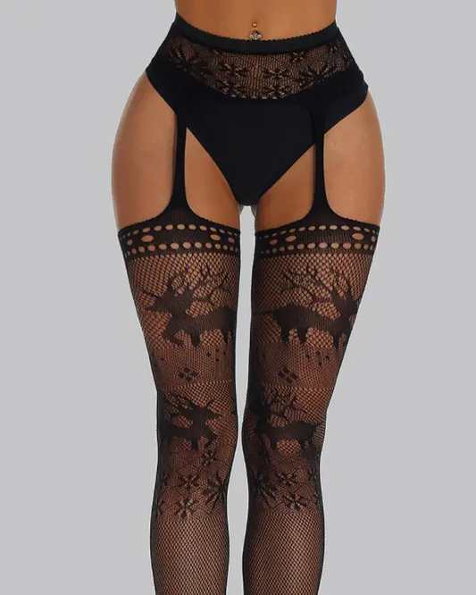 Christmas Fair Isle Pattern Crotchless Fishnet Garter Stockings