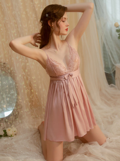 Pink Sleeveless Sexy Sleepwear One-Piece Nightgown With T-Back