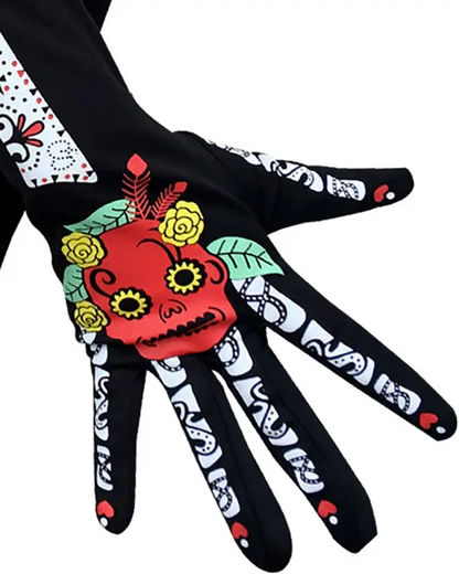 Halloween Floral Skull Pattern Print Long Gloves