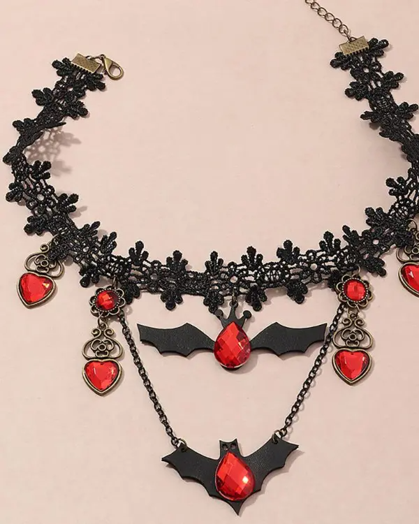 Halloween Bat Pattern Rhinestone Lace Necklace