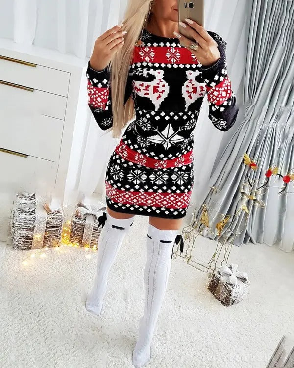 Christmas Snowflake Elk Print Long Sleeve Bodycon Dress