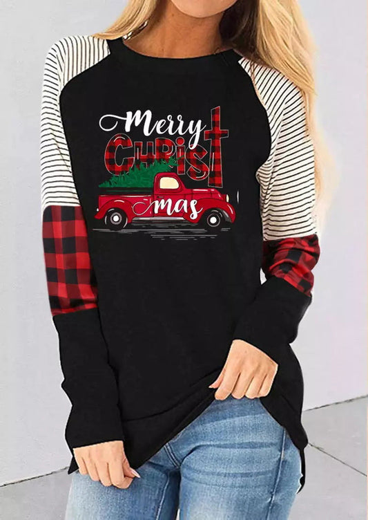 Black Christmas print striped casual long-sleeved T-shirt