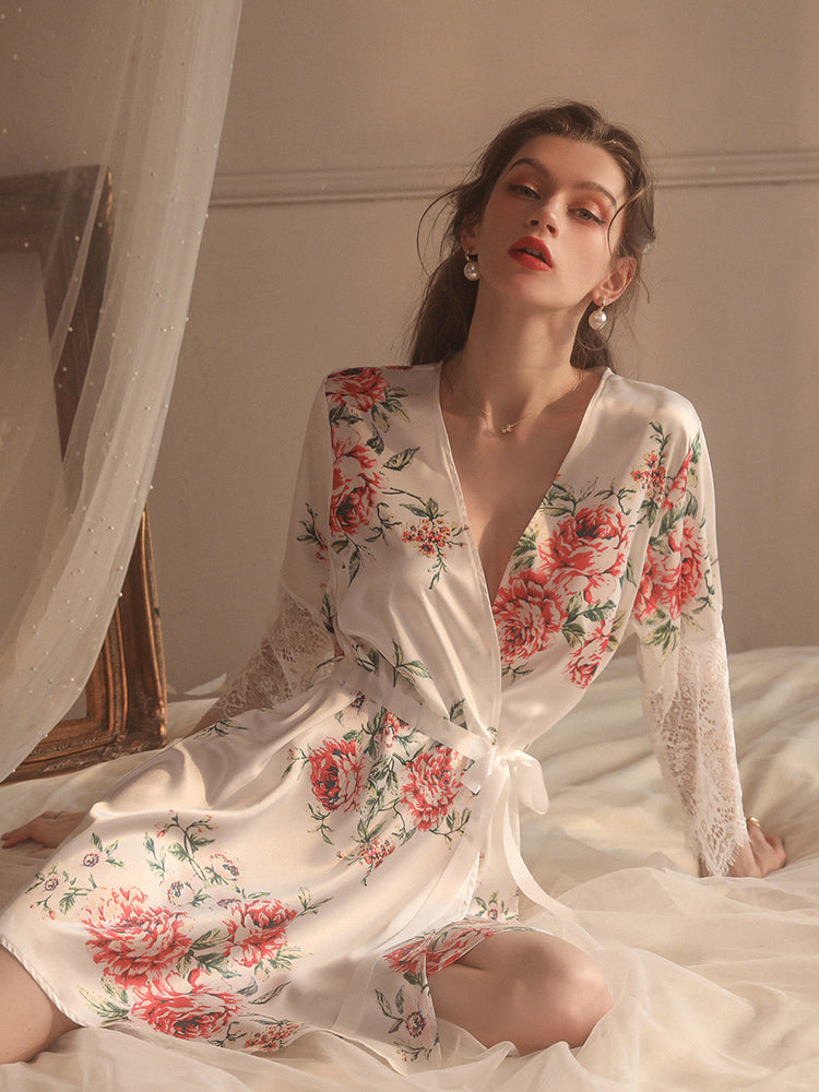 V-Neck 3/4 Sleeves Flowers Printing One-Piece Robe