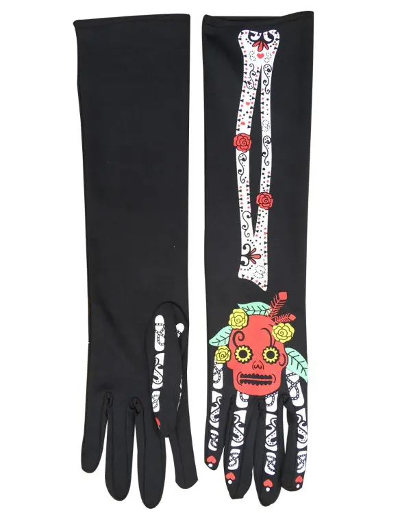 Halloween Floral Skull Pattern Print Long Gloves