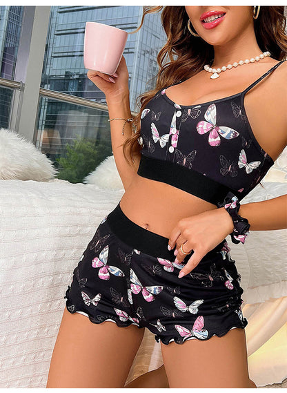 Butterfly Print Shorts Women's Home Clothes Sexy Suspender Pajamas