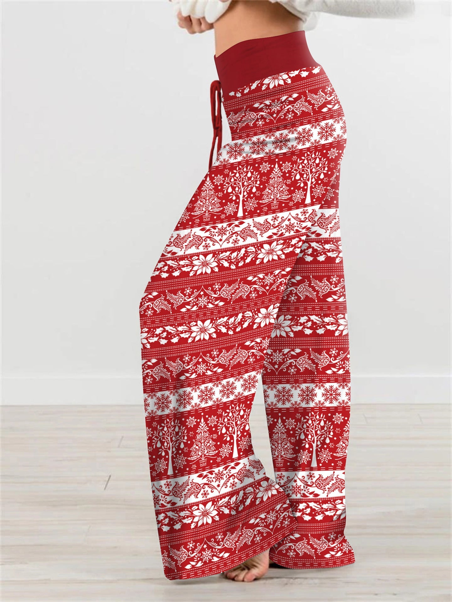 Christmas Drawstring Printed Wide Leg Pants