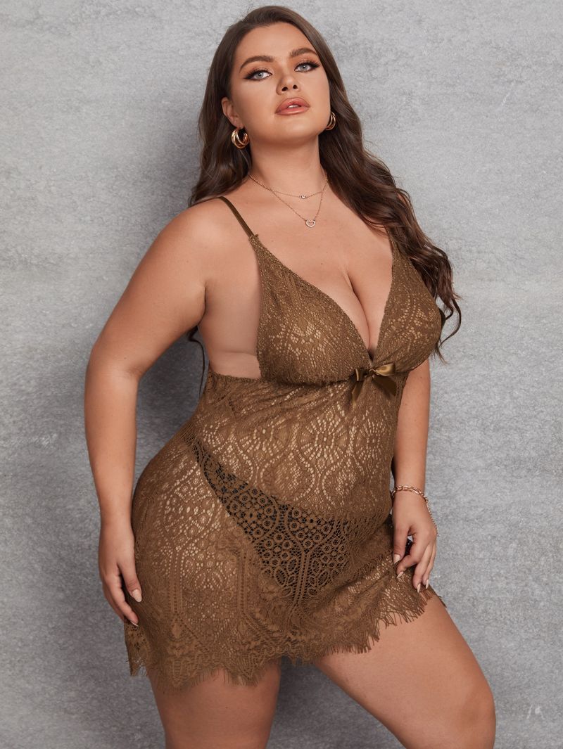 Plus Size Lace Beautiful Back Sexy Temptation Women's Transparent Mesh Suspender Nightgown