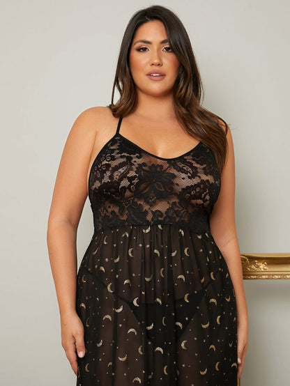 Plus Size Sexy Transparent Mesh Stitching Lace Sexy Dress Suit