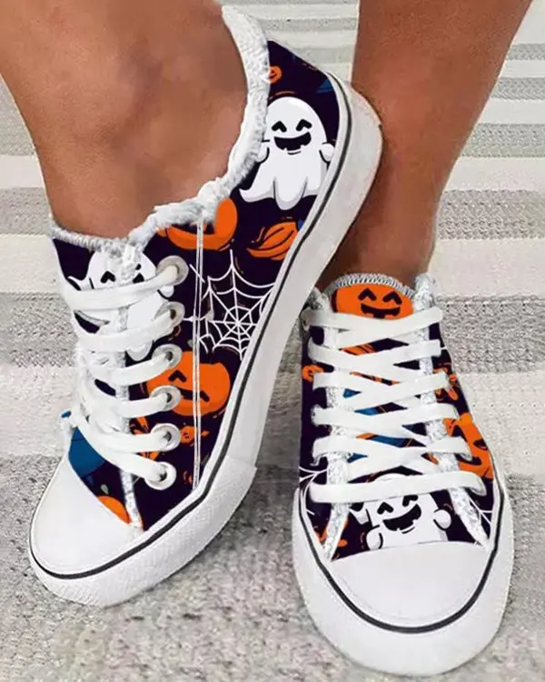 Halloween Ghost Pumpkin Print Canvas Sneakers