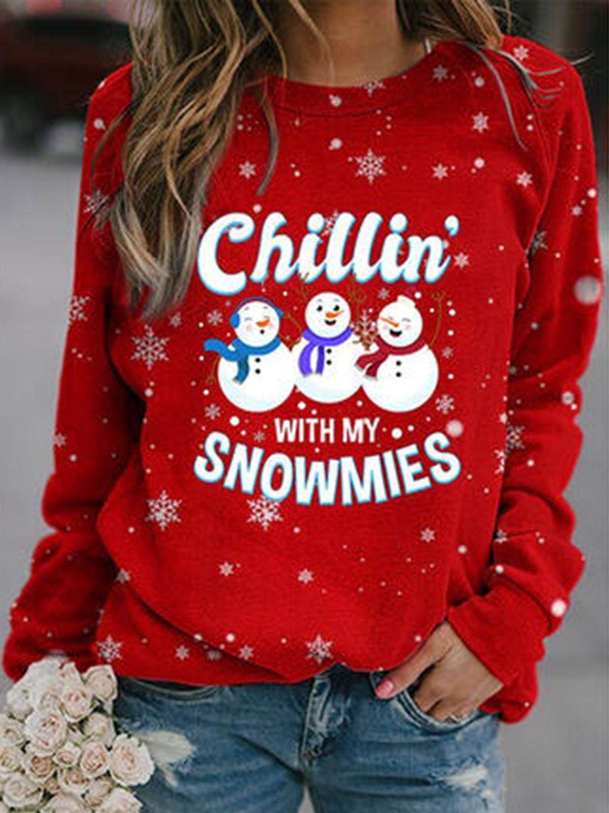 Red Christmas Snowflake Print Casual Long Sleeve T-Shirt