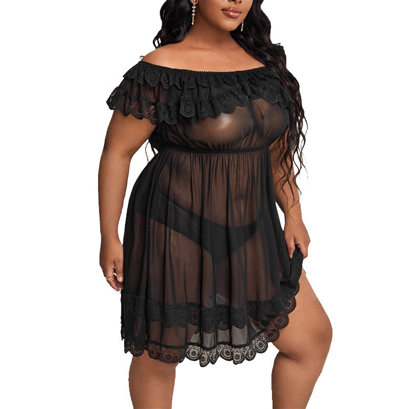 Plus Size Lingerie Sexy Lace Temptation One-shoulder See-through Nightgown Set