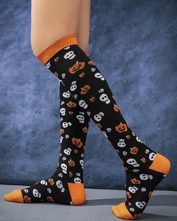 1Pair Halloween Pumpkin Skull Pattern Over The Knee Compression Socks