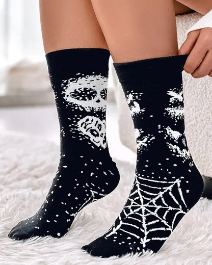 1Pair Halloween Funny Skull Head Spider Web Print Socks