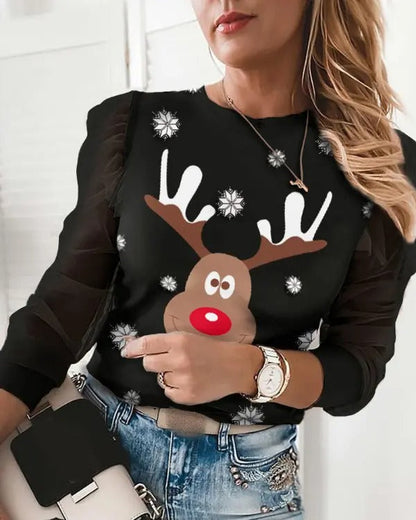 Christmas Moose Print Puffed Sleeve Top