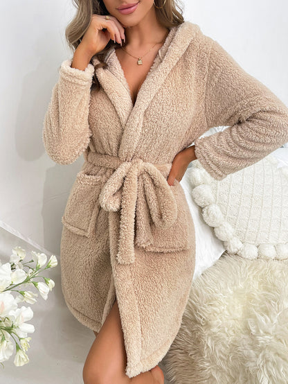 Autumn And Winter Solid Color Flannel Robe Hooded Thick Pajamas