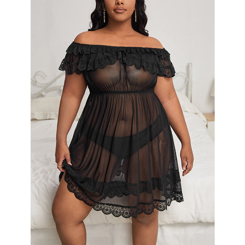 Plus Size Lingerie Sexy Lace Temptation One-shoulder See-through Nightgown Set