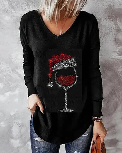 Christmas Hat Wine Glasses Print Long Sleeve Top