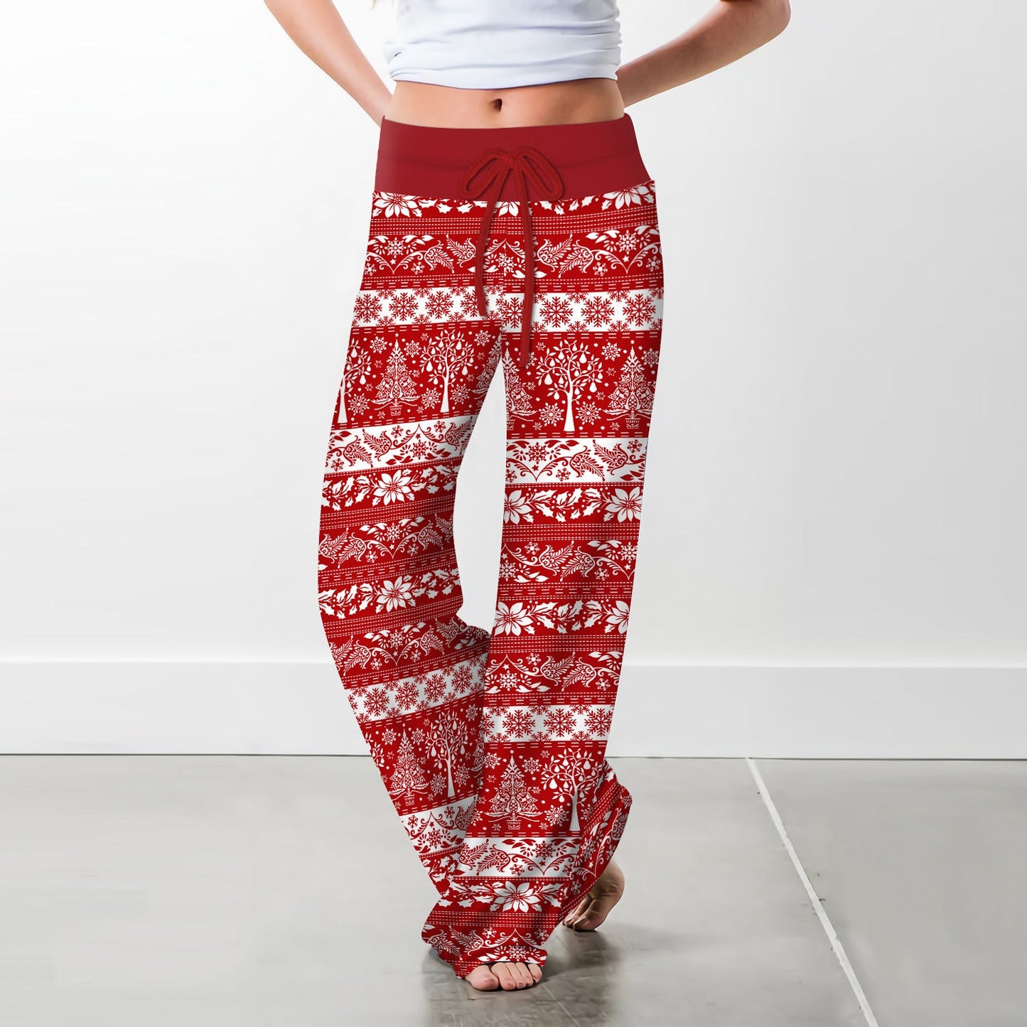 Christmas Drawstring Printed Wide Leg Pants