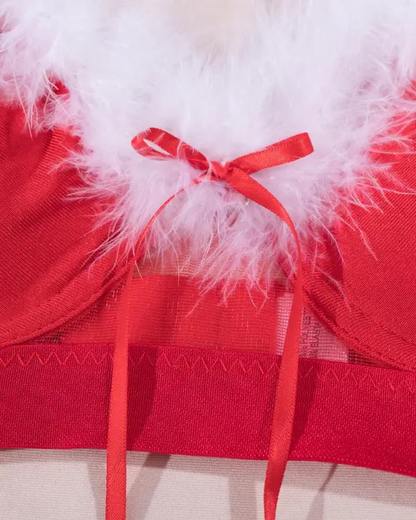 Christmas Fuzzy Trim Pom Pom Decor Garter Lingerie Set