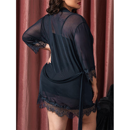 Plus Size Lingerie Sexy Suspender Bathrobe Nightgown Mesh Temptation Three Piece Set