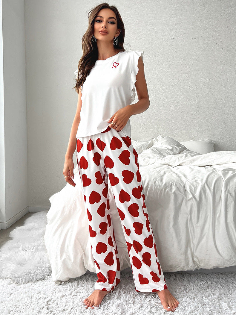 Small Flying Sleeve Top With Heart Print Trousers And Casual Pajamas Two-Piece Set