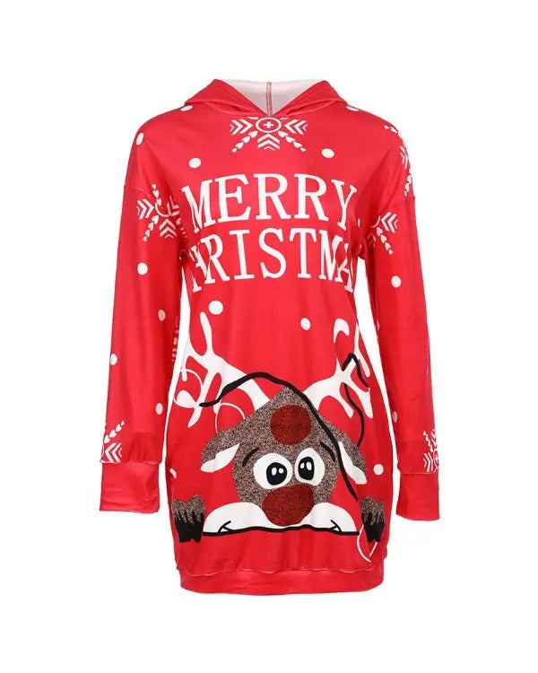 Christmas Letter Deer Print Pocket Design Hooded Casual Dress