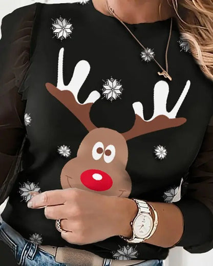 Christmas Moose Print Puffed Sleeve Top