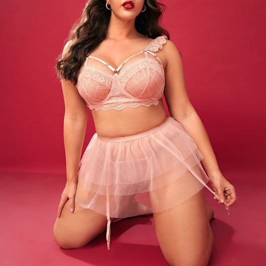 Plus Size Sexy Pink Bra And Short Skirt Sexy Suit