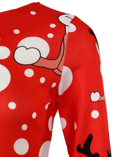 Christmas Cartoon Elk Print Flocked Long Sleeve Dress