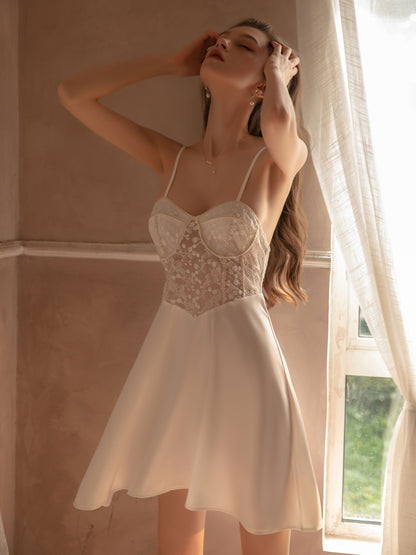 White Sleeveless Sexy Sleepwear One-Piece Nightgown With T-Back
