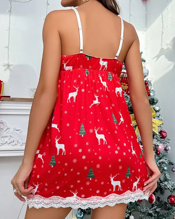 Christmas Tree Elk Snowflake Print Lace Trim Babydoll