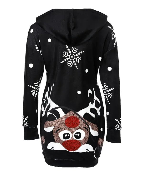 Christmas Letter Deer Print Pocket Design Hooded Casual Dress