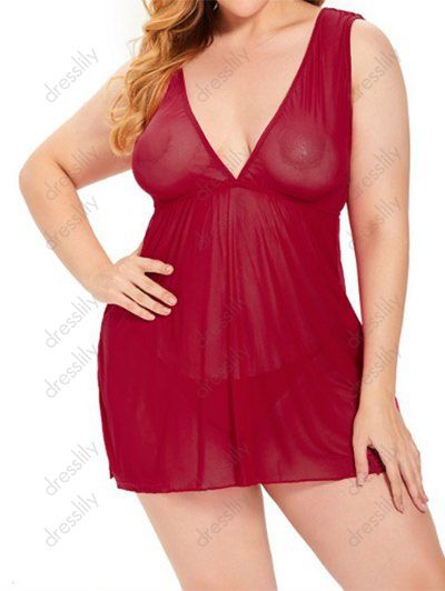 Plus Size Lingerie Dress Solid Color Ruffle Tied Back Mesh Sheer Lingerie Set