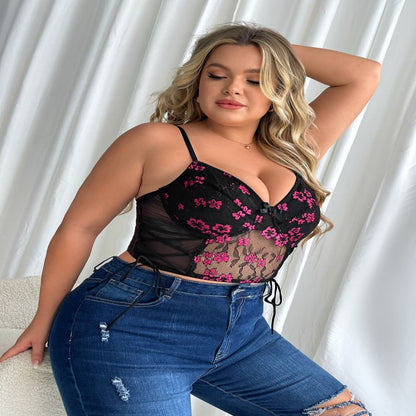 Plus Size Black Sexy Printed Lace Bra