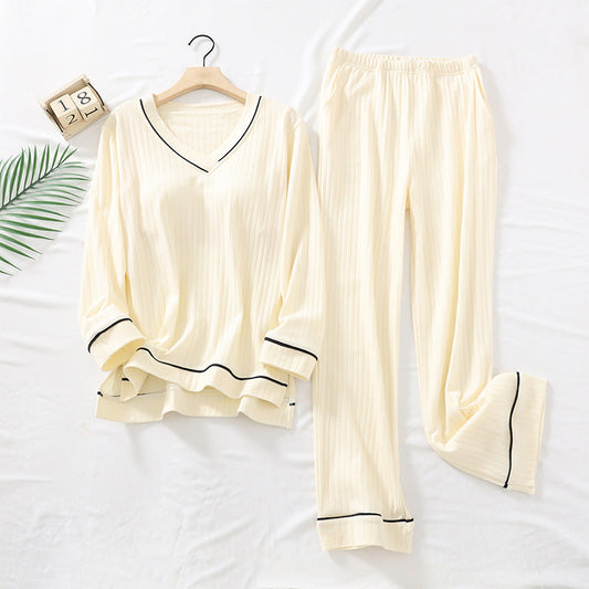 Beige Simple Comfortable Cotton Top Pants Home Pajamas Set With Chest Pad