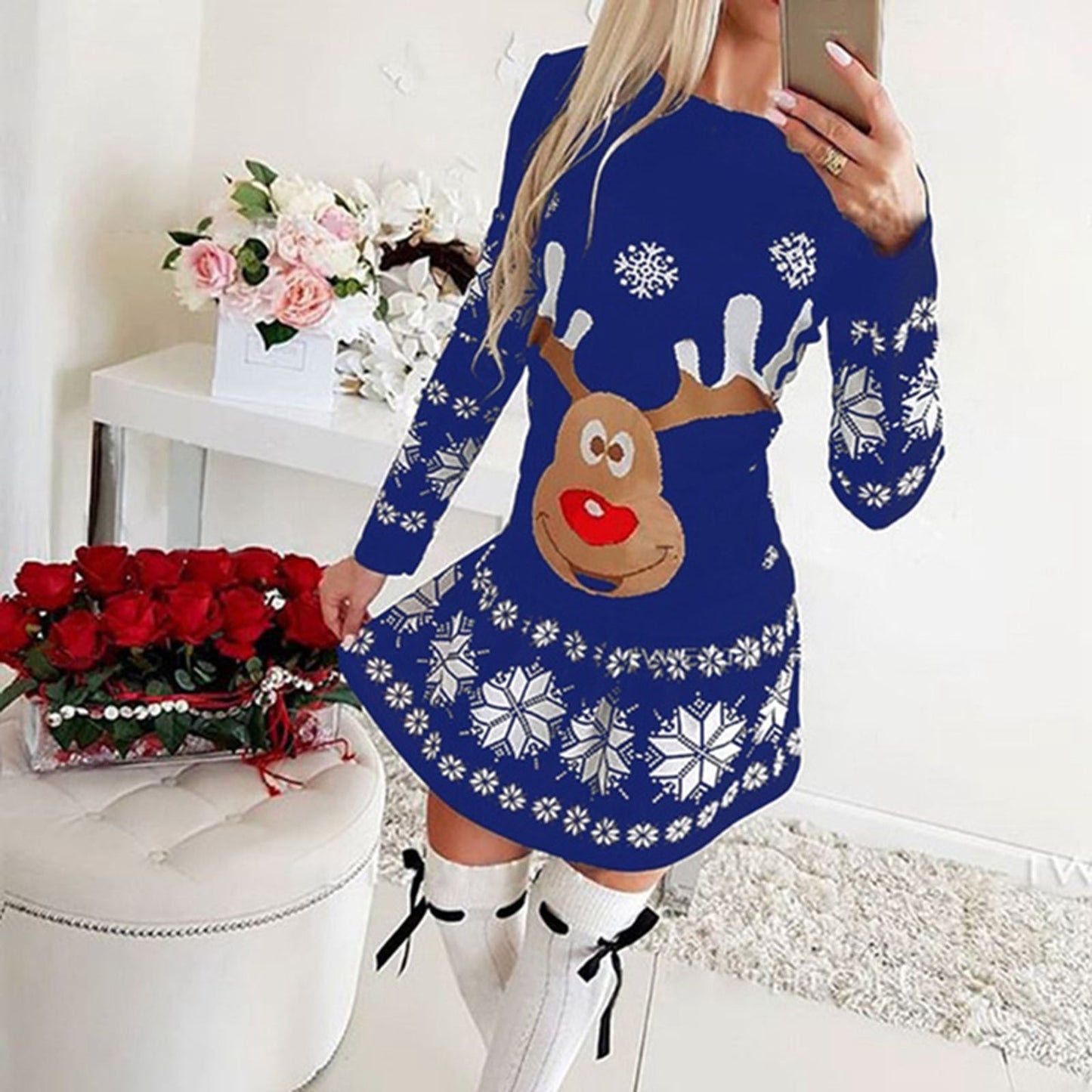 Christmas Moose Snowflake Print Long Sleeve Dress