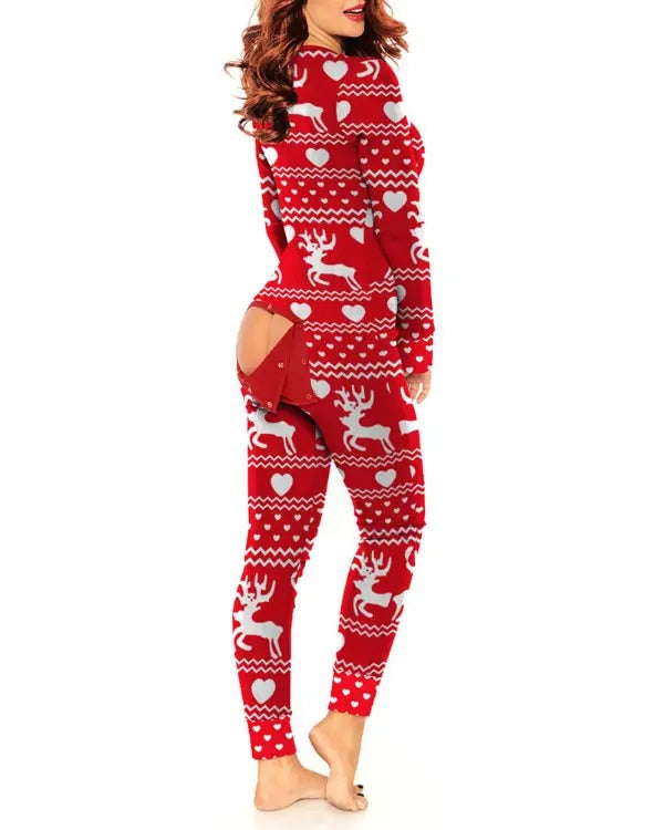 Christmas Cutout Functional Buttoned Flap Adults Pajamas