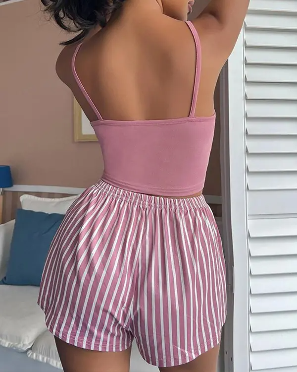 Letter Striped Print Drawstring Cami Set