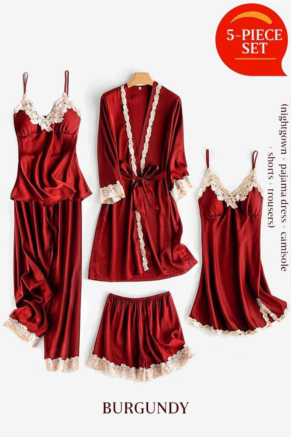 Burgundy Soft Comfortable Ice Silk Lace Pajamas 5pcs Set