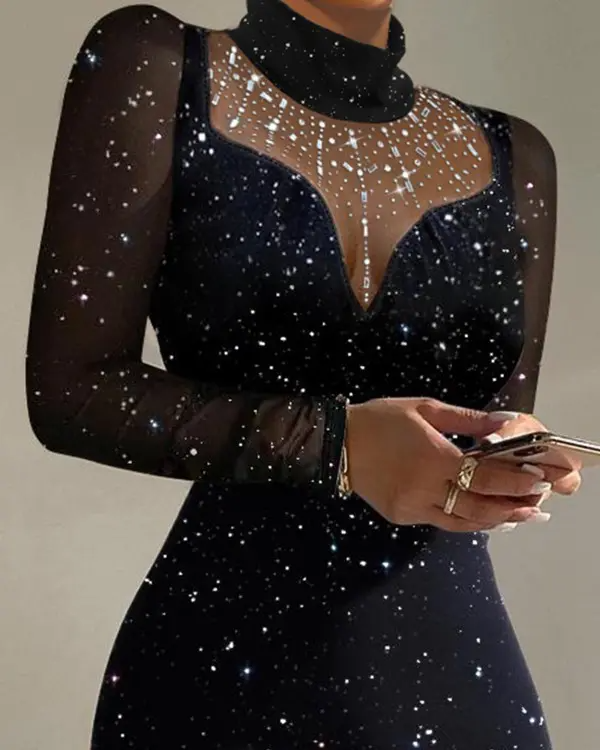 Rhinestone Contrast Mesh Long Sleeve Glitter Bodycon Dress