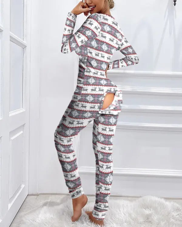 Christmas Functional Buttoned Flap Adults Pajamas