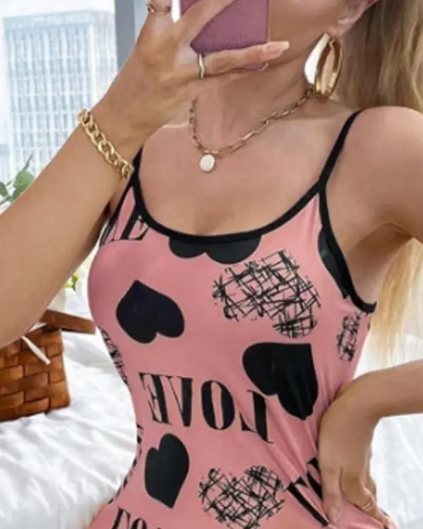 Love Heart Print Contrast Binding Nightdress