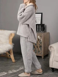 Women Fluffy Plush Thicken Lapel High Low Hem Loungewear Warm Pajamas Set