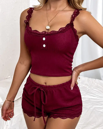 Contrast Lace Button Decor Cami Set