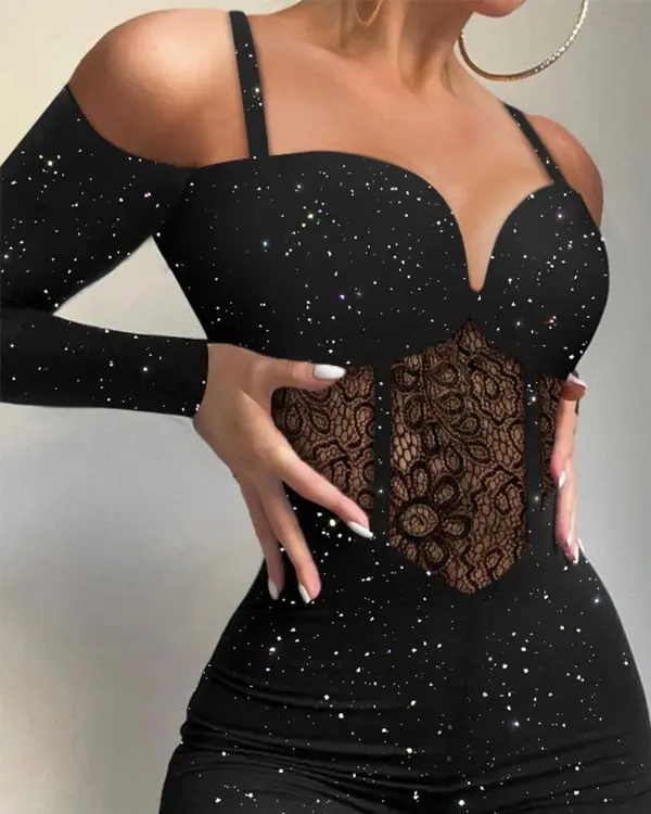 Glitter Cold Shoulder Contrast Lace Corset Jumpsuit