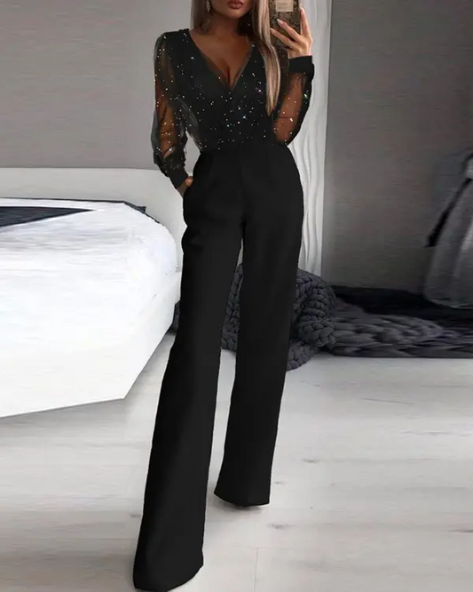 Glitter Contrast Mesh Straight Leg Jumpsuit